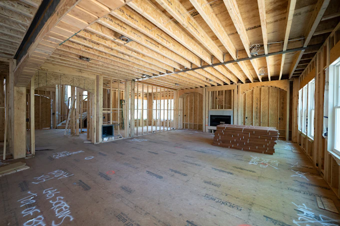 Stock photograph: a house interior rebuilt to new stud walls and floor framing, swept and ready for finishing.